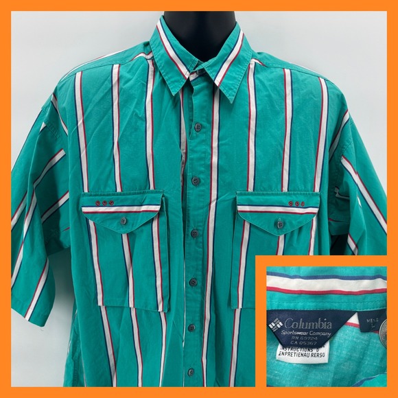 Vintage Columbia Sportswear Striped Button Up Short Sleeve Shirt - Picture 1 of 7